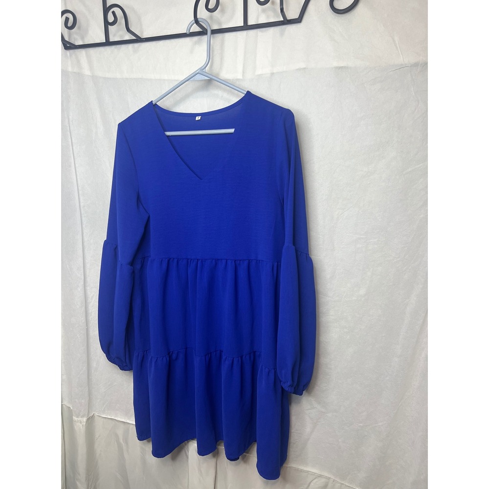 Unbranded Baddie Royal Blue Tiered V-Neck Mini Dress Long Balloon Sleeve Smock S